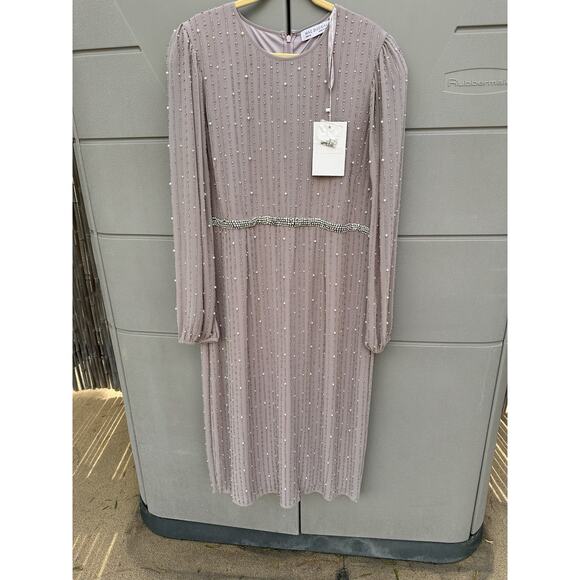 Mac Duggal 93622 LONG PUFF SLEEVE PEARL BEADED MIDI DRESS VINTAGE LILAC SZ 20 - Picture 6 of 16